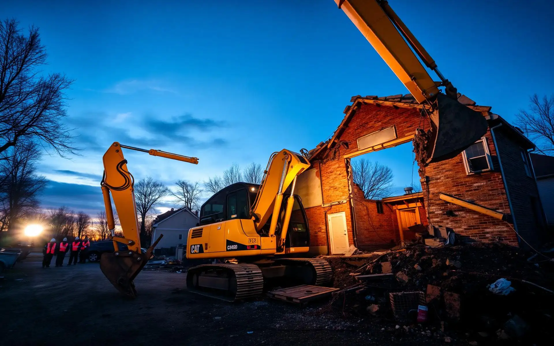 Excavator carefully dismantling a residential structure at dusk with crew safely staged nearby