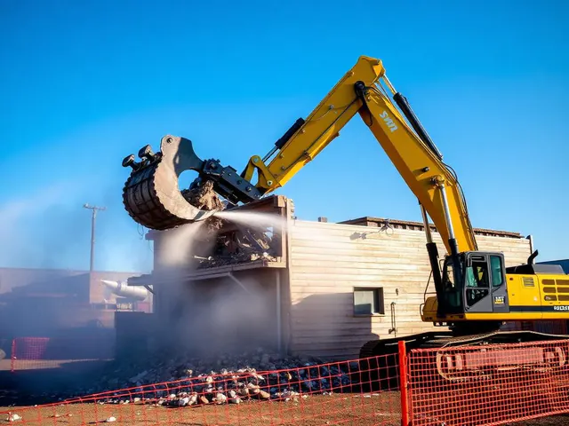 Excavator with demolition attachment carefully tearing down a small commercial structure